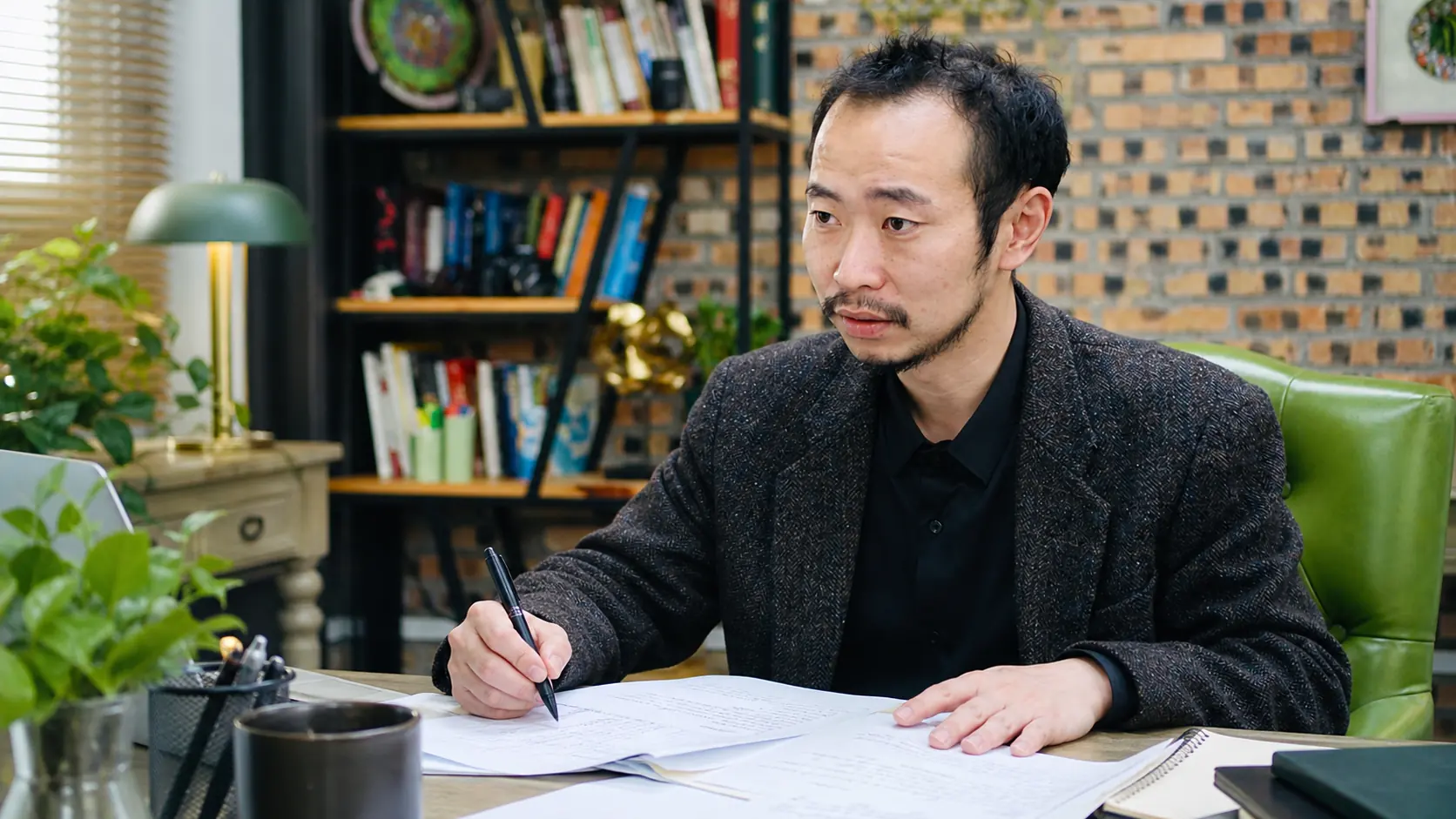 张国庆在书桌前批改申请材料